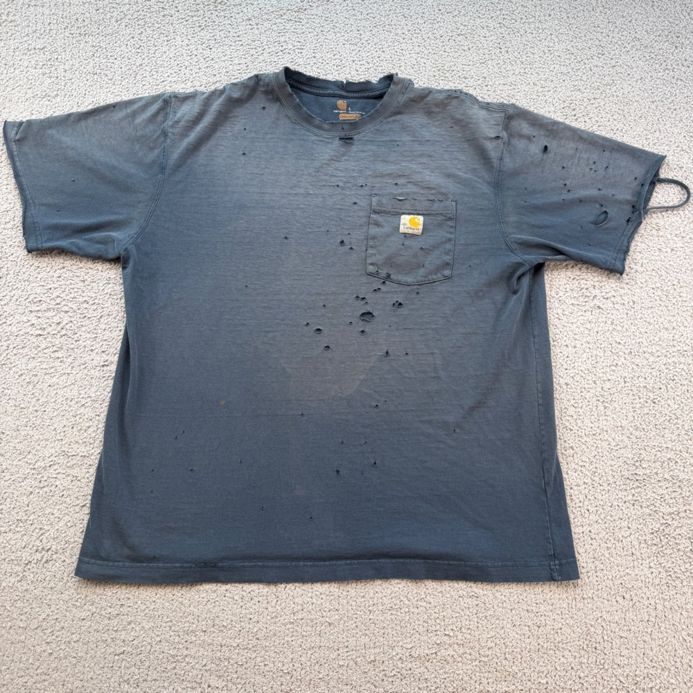 Carhartt Mens Distressed Pocket T-Shirt Large Faded Navy Thrashed Workwear Tee